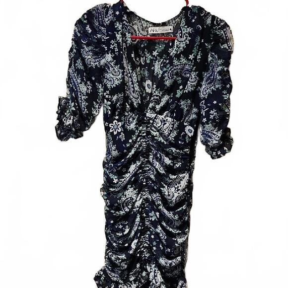 Zara Dresses & Skirts - Zara Blue Ruched Bodycon Midi Dress size XS
